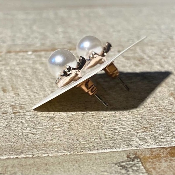 Rose Gold Faux Pearl Stud Earrings Gold Pearl Post - Picture 4 of 4